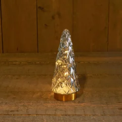 Anna's Collection Glazen Boom Met Gouden Voet - Kerstverlichting - Ø10.5x24.5 cm Grijs Warm Wit 10 led