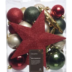 Decoris Kerstballen Mix - Kerstboomversiering - Goud Groen Rood 33 stuks 9 Assortiment
