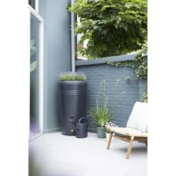 Elho Green Basics Regenton Living Black Met Plantenbak - Regenwatertonnen - Ø61x110 cm 200 l Zwart