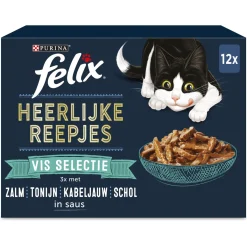 Felix Maaltijdzakjes Heerlijke Reepjes Vis Selectie Box - Kattenvoer - Zalm Tonijn Kabeljauw 12x85 g
