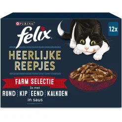 Felix Maaltijdzakjes Heerlijke Reepjes Farm Selectie Box - Kattenvoer - Rund Kip Eend 12x85 g