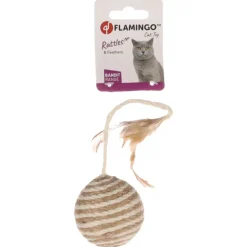 Flamingo Bal Met Veer En Ratel Frits - Kattenspeelgoed - Ø6x19 cm Bruin