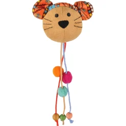 Flamingo Indy Muizenkop Met Kralen - Kattenspeelgoed - 10x4.5 cm Beige Oranje Turquoise