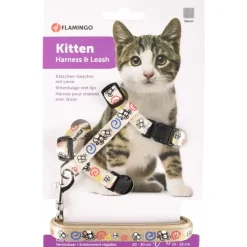 Flamingo Kittenharnas + Lijn Topo Muismotief - Kattentuigje - Wit Print 20-35cm 10mm