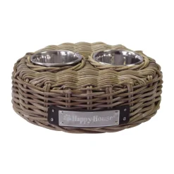 Happy-House Dubbele Rieten Voerbak Rond - Hondenvoerbak - 35x17 cm Naturel