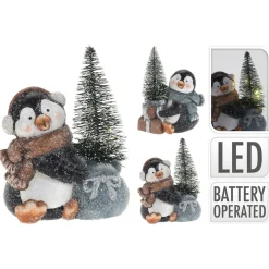 Homestyle Pinguin Met Boom En Led - Kerstversiering - 12.5x8x13.5 cm
