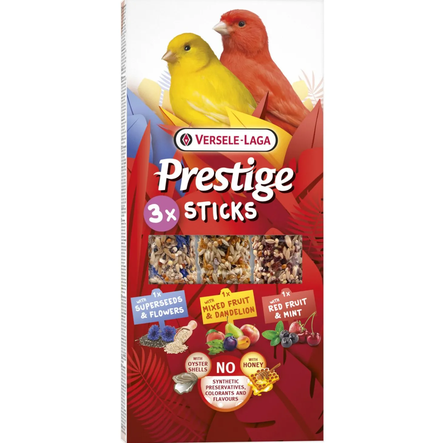 Versele-Laga Prestige Sticks Kanaries Triple Variety Pack - Vogelsnack - Honing Fruit Bosvruchten 90 g 3 Smaken