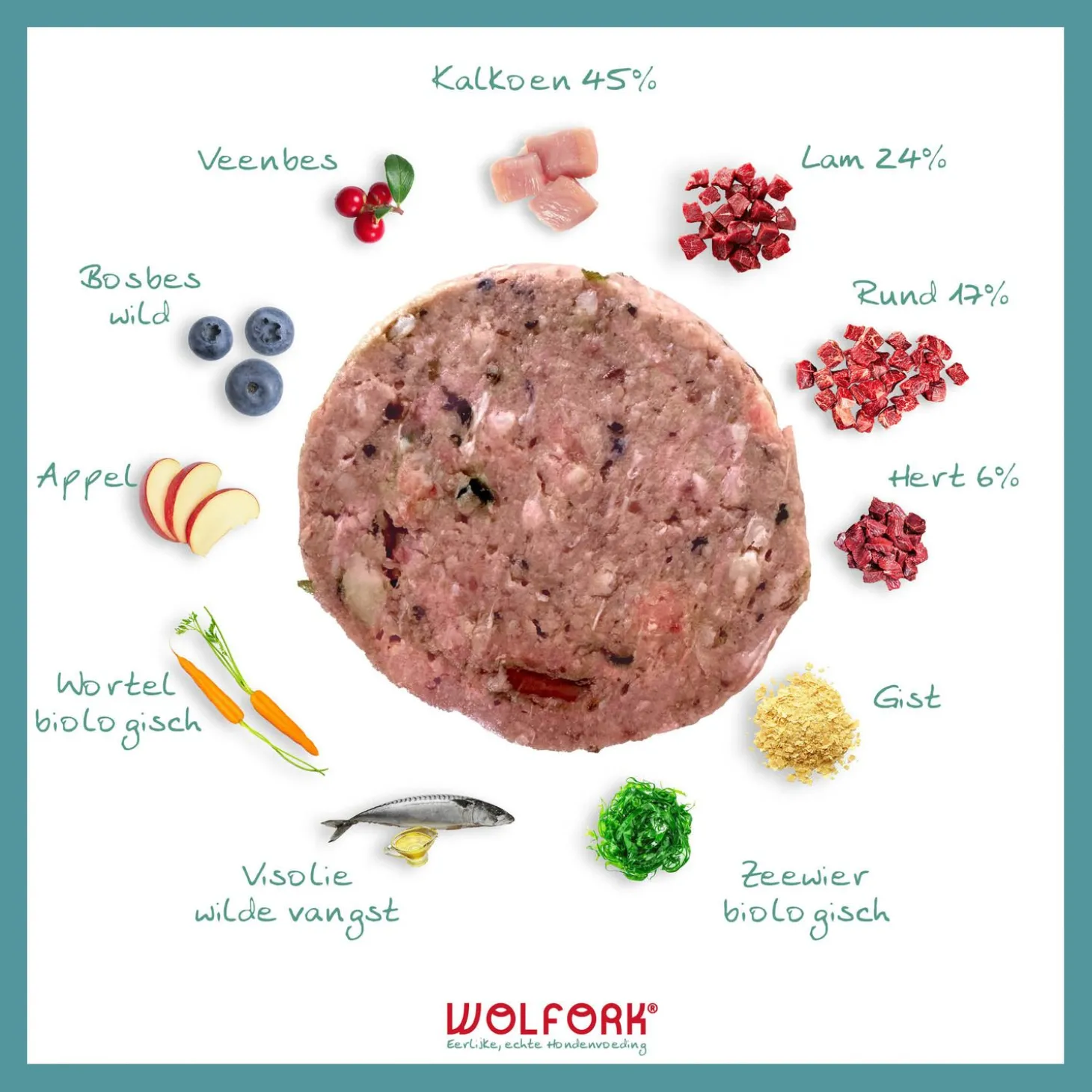 Wolfork №5 Adult Compleet Kipvrij - Diepvriesvoer - Kalkoen Lam Rund 1.8 kg Kipvrij