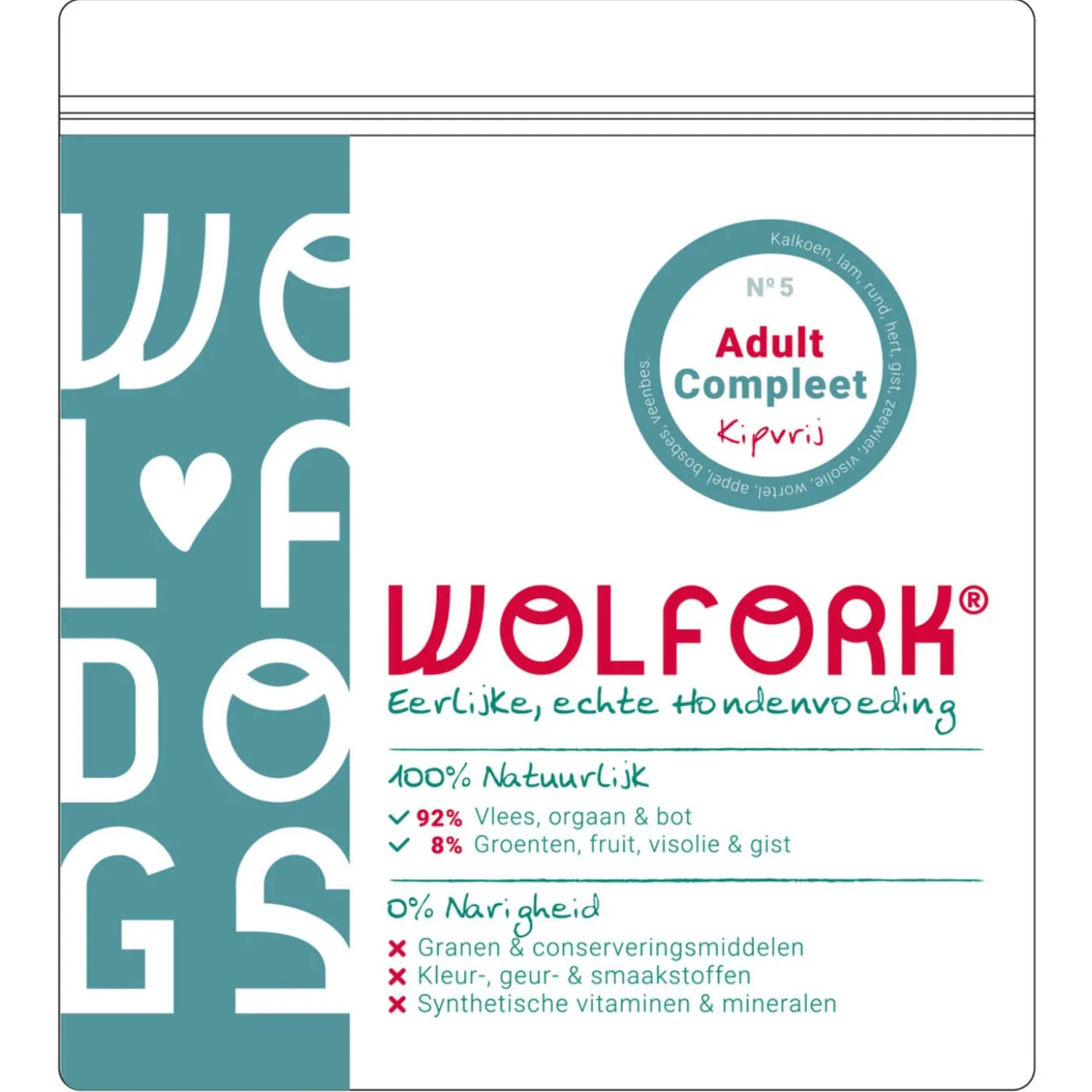 Wolfork №5 Adult Compleet Kipvrij - Diepvriesvoer - Kalkoen Lam Rund 850 g Kipvrij