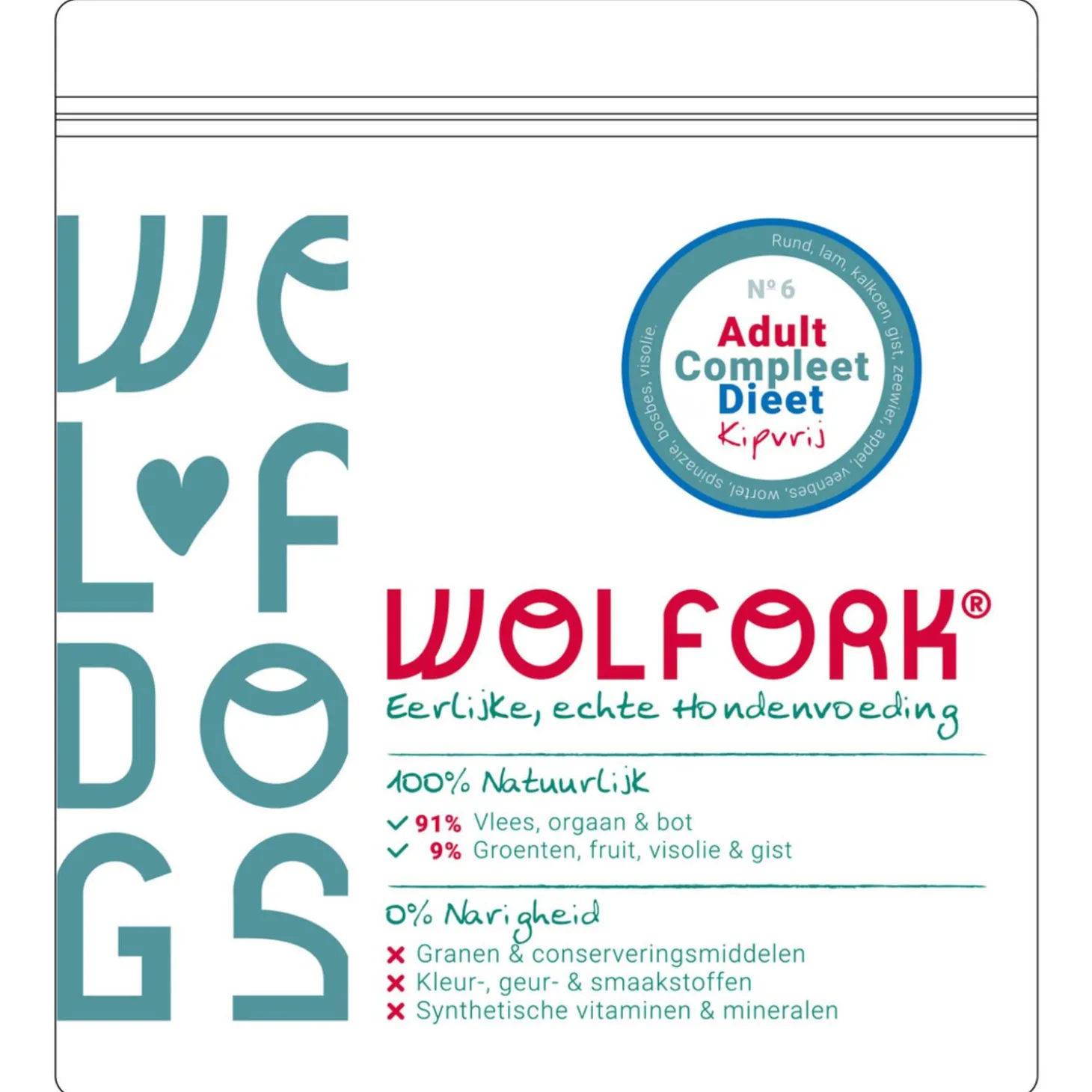 Wolfork №6 Adult Dieet Compleet Kipvrij - Diepvriesvoer - Rund Lam Kalkoen 850 g Kipvrij
